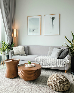 Modern luxury living room with stylish sofa, wooden coffee table, indoor plants and elegant decor in a premium real estate in Bangalore apartment by Profuse Property.