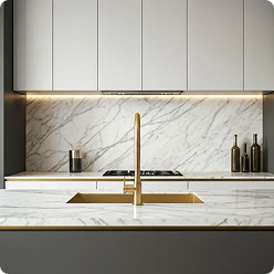 Modern luxury kitchen with marble finish, sleek cabinets and premium fittings in a high-end real estate in Bangalore apartment by Profuse Property.