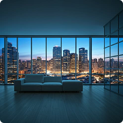 Luxury apartment with floor-to-ceiling windows showcasing stunning city skyline view at night in a premium real estate in Bangalore project by Profuse Property.