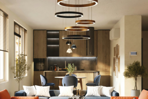 Modern luxury apartment living room with stylish furniture, designer lighting, and open kitchen layout in a premium real estate in Bangalore property by Profuse Property.